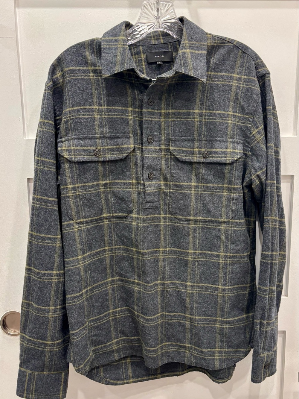 Vince Popover Flannel Gray Shirt with Yellow Windowpane Plaid